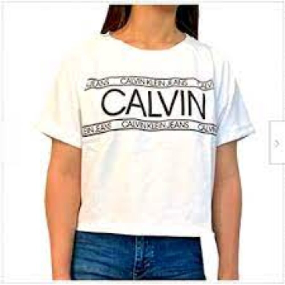 Calvin Klein Jeans Women's French Terry Logo Crop Top Shirt, White, SIZE: SMALL